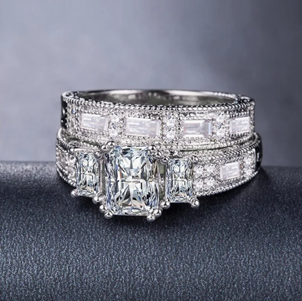 Cubic Zirconia Gemstone White Gold Plated Designer Wedding Band Ring Set